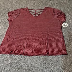 SO, NWT, Size 2X, Criss Cross Front, Pink, Burgundy, Stripe, Short Sleeve.